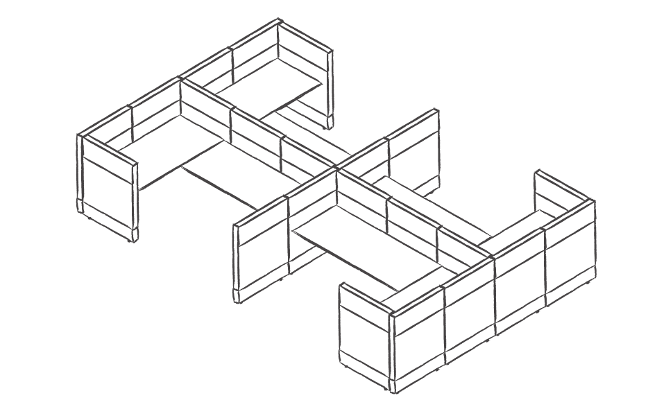 Dibujo tipo CAD de paneles, divisiones y mesas de oficina en chile