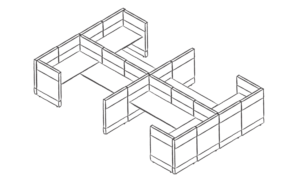 Dibujo tipo CAD de escritorios y mesas de oficina en chile