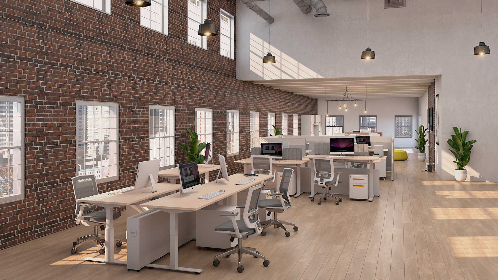 Un espacio con escritorios regulables en altura y mesas modernas de oficina en chile.