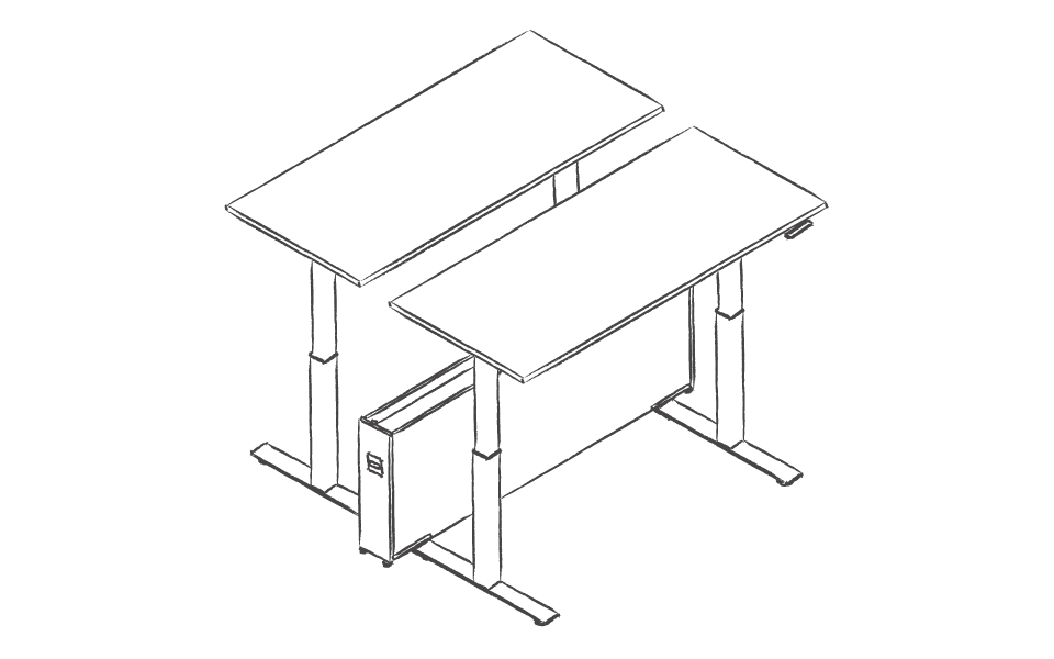 Dibujo tipo CAD de escritorios y mesas regulables en altura