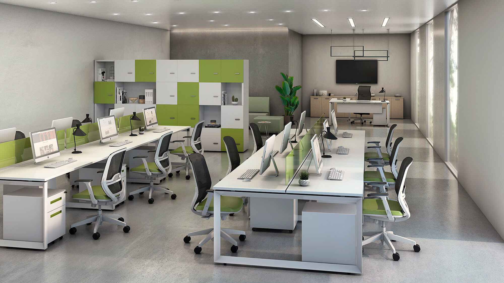 Un espacio con escritorios y mesas modernas de oficina en chile.
